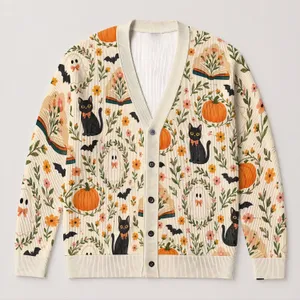 Cute Halloween Black Cats Ghosts Pumpkins for Cozy Autumn Everyday Layering Teen Girls All-over Print Knitted Cardigan