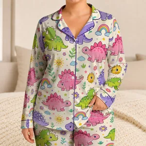 Kids Dinosaur Bedtime Set With Pastel Dino Motifs For Cozy Giftable Nights At Home Satin Pajamas Set