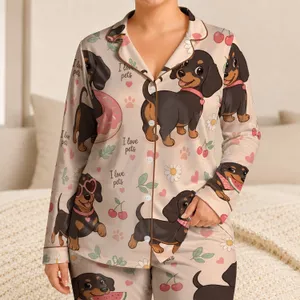 Cute Dachshund Puppies Summer Lounge Outfit For Cozy Bedtime And Playful Days At Home Satin Pajamas Set