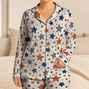 Rust Orange Stars And Midnight Dots For Cozy Nights And Relaxed Weekend Lounging At Home Satin Pajamas Set