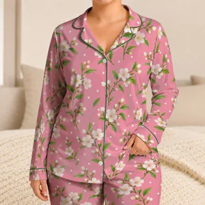 White Cherry Blossoms on Soft Pink for Calm Meditation and Relaxed Home Lounging Satin Pajamas Set