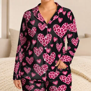 Fuchsia Leopard Hearts for Cozy Valentine Nights and Romantic Lounge Style Satin Pajamas Set