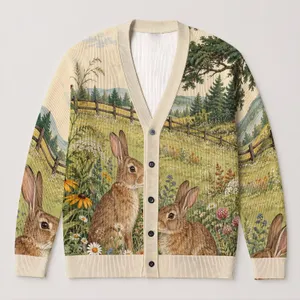 Forest Rabbit Meadow Scene for Relaxed Autumn Layering, Women's Woodland Cottage Style All-over Print Knitted Cardigan