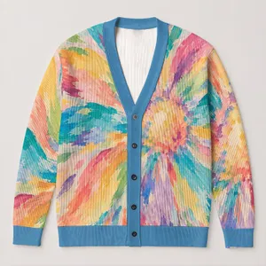 Pastel Rainbow Starburst Floral Boho Layering Style for Women Spring Summer Wardrobe All-over Print Knitted Cardigan