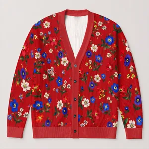 Red Floral Blooms for Cozy Autumn Layering and Everyday Colorful Style for Women All-over Print Knitted Cardigan