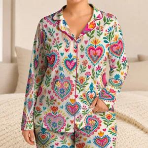 Colorful Folk Hearts for Cozy Valentine's Day Lounging and Cheerful Everyday Comfort Satin Pajamas Set