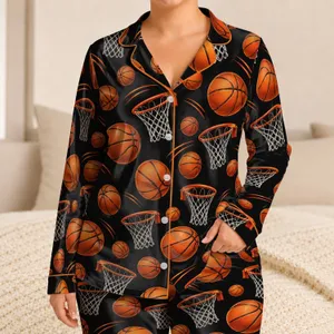 Basketball Hoops and Orange Balls for Cozy Game Night Fans Satin Pajamas Set