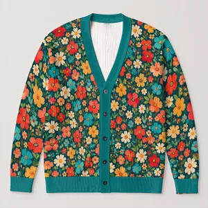 Dense Teal Floral Blooms for Colorful Everyday Autumn Layering and Cozy Casual Style All-over Print Knitted Cardigan