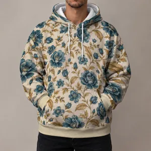 Teal Blue Floral Vine and Ochre Botanical Motifs for Relaxed Everyday Wear Gifts All-over Print Hoodie (Lightweight)