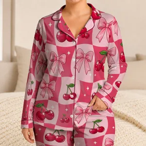 Sweet Cherry Bow Checkerboard Lounge Gift For Women And Girls For Cozy Nights Home Satin Pajamas Set