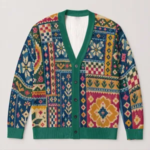 Vintage Nordic Floral Patchwork for Colorful Everyday Layering and Cozy Outings All-over Print Knitted Cardigan