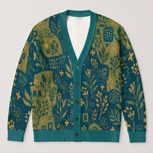 Teal Olive Folk Botanical Motifs for Cozy Autumn Layering and Everyday Style All-over Print Knitted Cardigan