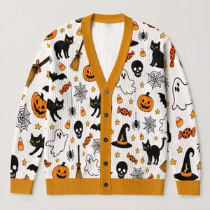Halloween Bats, Cats & Pumpkins for Spooky October Gatherings and Festive Layering All-over Print Knitted Cardigan
