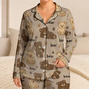 Sweet Bear Motif For Cozy Bedtime Comfort At Home For Women And Teens Everyday Gift Satin Pajamas Set