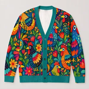 Colorful Folk Art Chickens for Farmhouse Style and Creative Everyday Layering for Women All-over Print Knitted Cardigan