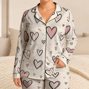 Heart Doodle Hearts For Cozy Valentine Evenings, Soft Romantic Gift For Girls At Home Satin Pajamas Set
