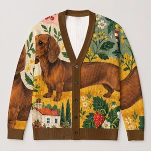 Brown Dachshund Garden Scene for Cozy Everyday Layering and Dog Lover Style All-over Print Knitted Cardigan