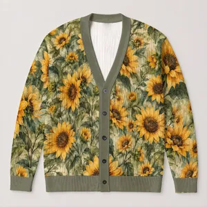 Golden Sunflower Blooms for Relaxed Everyday Country Style All-over Print Knitted Cardigan