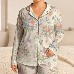 Ivory Cream Floral Doodle Blossom Set For Cozy Spring Nights Gift For Women Satin Pajamas Set