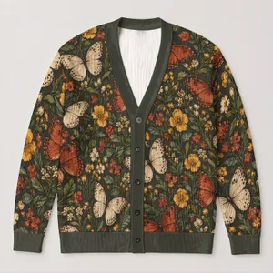 Rust And Ivory Butterflies With Wildflowers For Everyday Nature Inspired Style All-over Print Knitted Cardigan