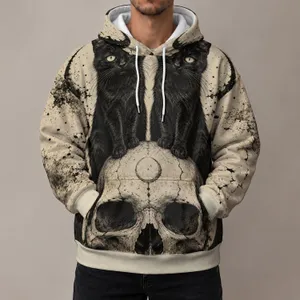 Twin Black Cats Perched on Skull for Halloween Night, Gothic Casual Wear and Autumn All-over Print Hoodie (Lightweight)