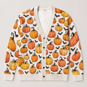 Watercolor Halloween Pumpkins and Bats for Cozy Autumn Evenings and Festive Fall Style All-over Print Knitted Cardigan