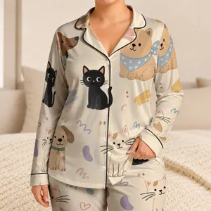 Cute Cat and Dog Motifs for Cozy Home Nights, Gift Giving, and Everyday Pet Lovers Satin Pajamas Set