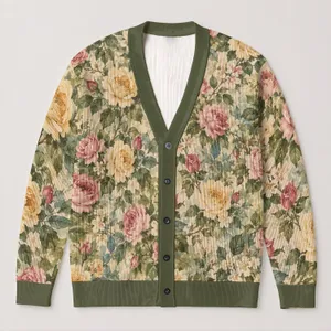 Colorful Vintage Rose Garden Blooms for Relaxed Everyday Layering and Nature Lovers All-over Print Knitted Cardigan