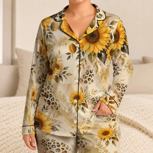 Golden Sunflower Leopard Accent Vacation Style for Summer Getaways and Gift Giving Satin Pajamas Set