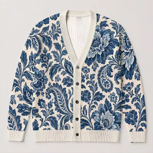 Indigo Floral And Paisley Motifs For Relaxed Everyday Layering And Creative Women All-over Print Knitted Cardigan