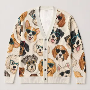 Whimsical Dogs Wearing Colorful Glasses for Cozy Everyday Layering and Casual Style All-over Print Knitted Cardigan