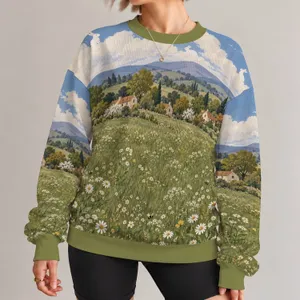Daisy Meadow Village Scenery for Cottagecore Nature Days and Relaxed Everyday Wear Outdoors All-over Print Knitted Sweater