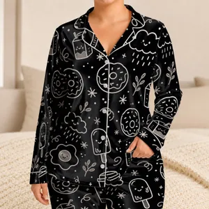 Black Chalky Doodle Snack Motifs for Cozy Lounging, Sleepovers, Weekend At Home Women Satin Pajamas Set