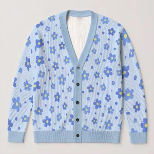 Blue Wildflower Blooms for Casual Layering and Date Nights, Plus Size Women's Style All-over Print Knitted Cardigan