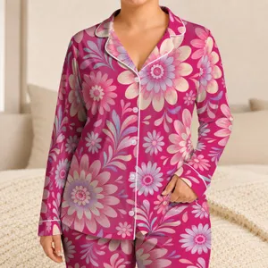 Retro Magenta Floral Motif For Vacation Weekends And Plus Size Comfort Satin Pajamas Set