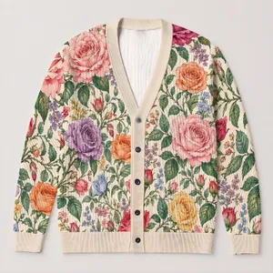 Multicolor Rose Floral Motif for Spring Vacation and Date-Night Layering, Plus Size Women All-over Print Knitted Cardigan
