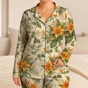 Retro Tropical Ivory Botanical Vacation Lounge Wear For Women, Sage Leaf Florals Satin Pajamas Set