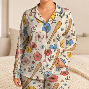 Retro Baseball And Floral Lounge Look For Summer Nights And Sports Fans Gift Idea Satin Pajamas Set