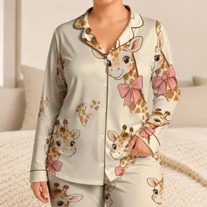 Cute Giraffe Bow Ivory Cozy Bedtime Style For Relaxed Evenings And Sweet Gifting Satin Pajamas Set