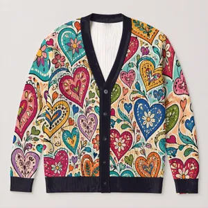 Colorful Heart Motif Boho Style For Women At Spring Beach Trips And Romantic Getaways All-over Print Knitted Cardigan