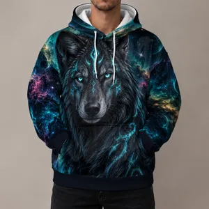 Cyan Rune Wolf Beneath Cosmic Skies for Outdoor Adventure and Free-Spirited Men All-over Print Hoodie (Lightweight)