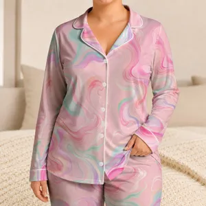 Pastel Marble Swirl Lounge Gift For Women, Cozy Home Style, Feminine Vacation Look Satin Pajamas Set