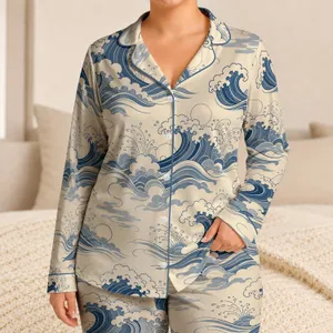Japanese Wave Coastal Style for Relaxed Evenings, Gift Idea for Women at Home Escape Satin Pajamas Set