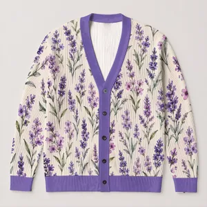 Lavender Wildflower Sprigs for Relaxed Autumn Layering and Everyday Women's Style All-over Print Knitted Cardigan