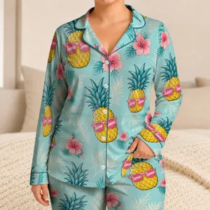Aqua Pineapple Sunglasses Tropical Resort Gift For Summer Getaways And Beach Vacations Satin Pajamas Set