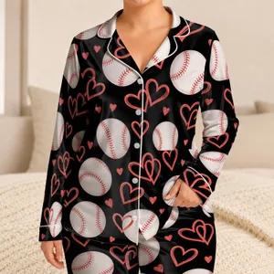 Black Baseballs And Heart Doodles For Cozy Game Nights, Gifts For Athletic Love Fans Satin Pajamas Set