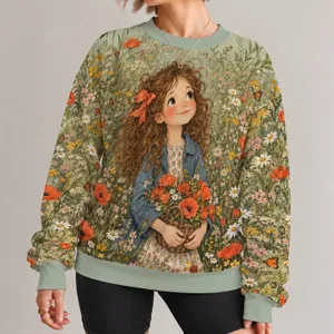Storybook Flower Gathering Girl for Spring Garden Walks and Nature Loving Women All-over Print Knitted Sweater