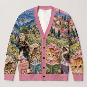 Four Reading Cats Beneath a Starry Village Sky for Cozy Autumn Evenings and Book Lovers All-over Print Knitted Cardigan