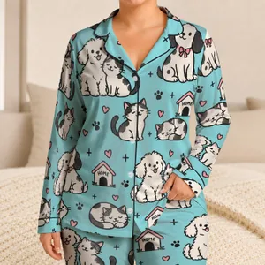 Cute Cats And Dogs For Cozy Weekends And Relaxed At-Home Lounging Satin Pajamas Set