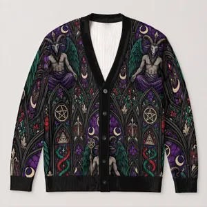 Stained Glass Goat and Pentagram Halloween Scene for Teen Alternative Daily Wear All-over Print Knitted Cardigan